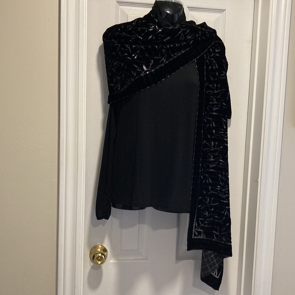 NWOT - Black Velvet Pashmina Shawl Silver Thread Embossed Bamboo Floral … - Picture 7 of 16